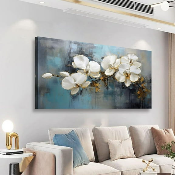 Aaheei Flower Canvas Wall Art Bedroom Wall Decor Living Room,Orchid Wall Art Office Kitchen Oil Paintings Artwork Modern Blue Grey Abstract Pictures Art Prints Waterproof Ready to Hang