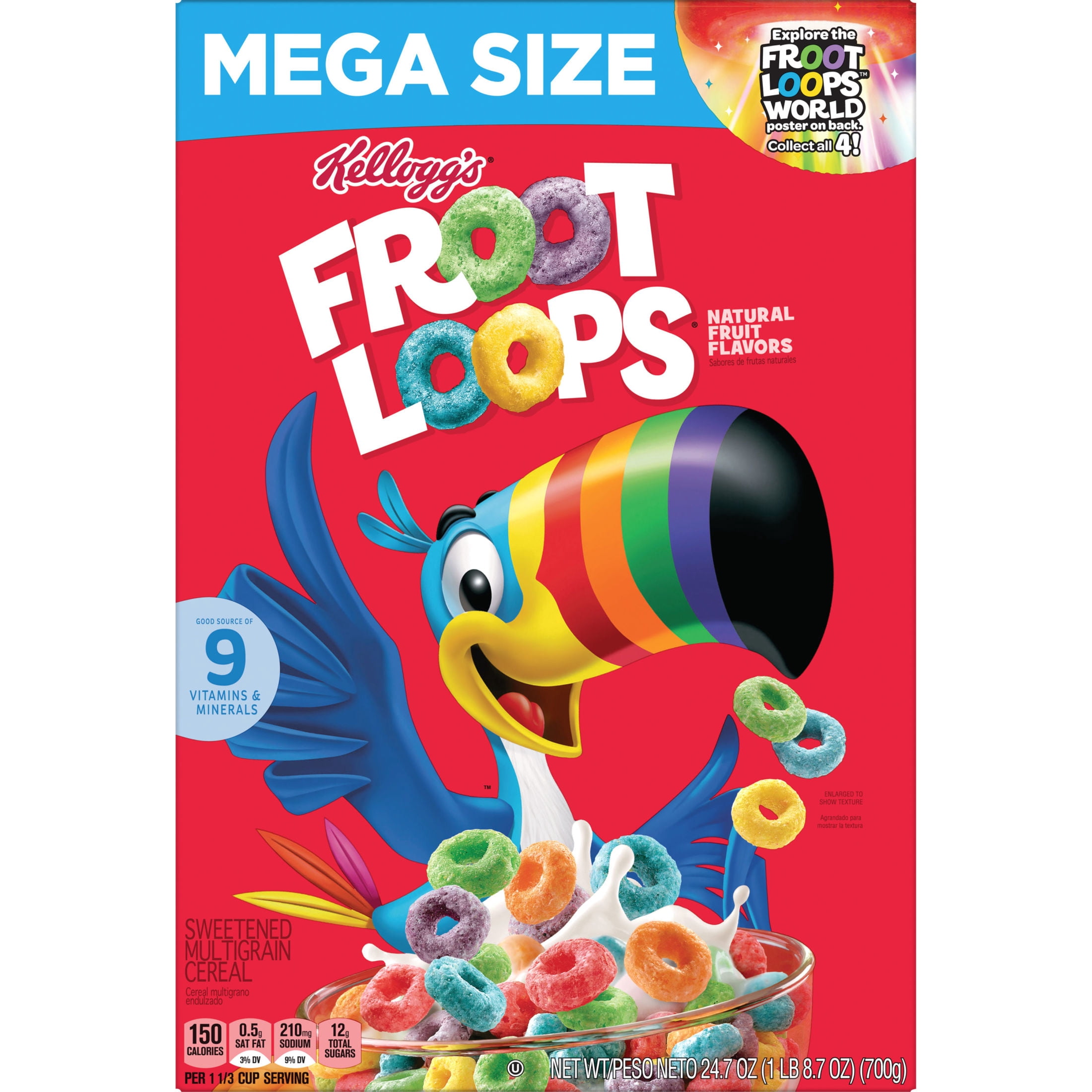 (8 pack) Kellogg's Froot Loops Original Breakfast Cereal, Good Source of Fiber, Mega Size, 24.7  oz