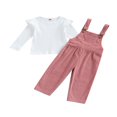 thumbnail image 1 of 2PCS Fall Toddler Girls Outfits Suit Solid Long Sleeve Ribbed Ruffles Tops+Suspender Pocket Trousers Clothes Set For Kids Girls Pink 1-2 Years, 1 of 7