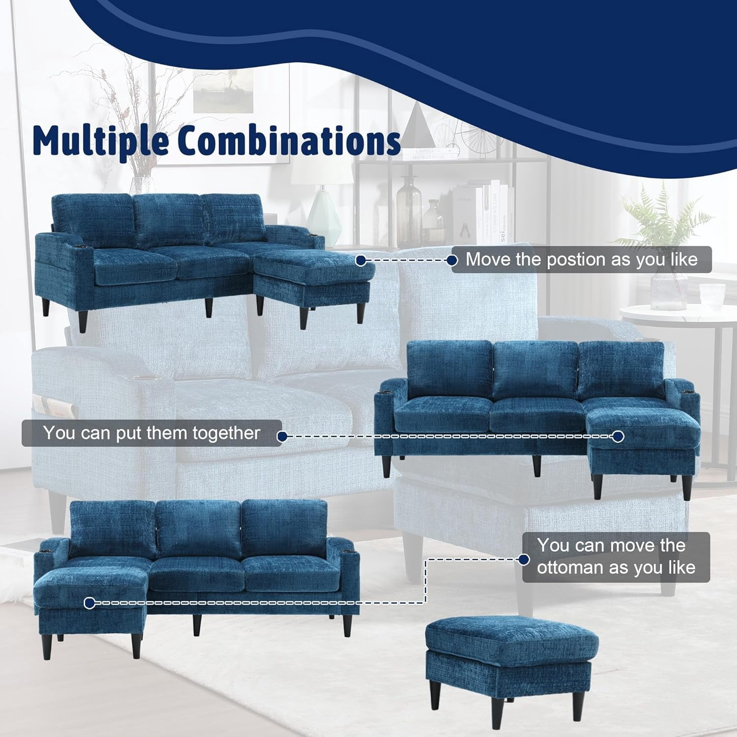 MOONMISS sofa 77.36" 3-seat, L -Shaped Sofa with Movable Ottoman for Living Room,Teal