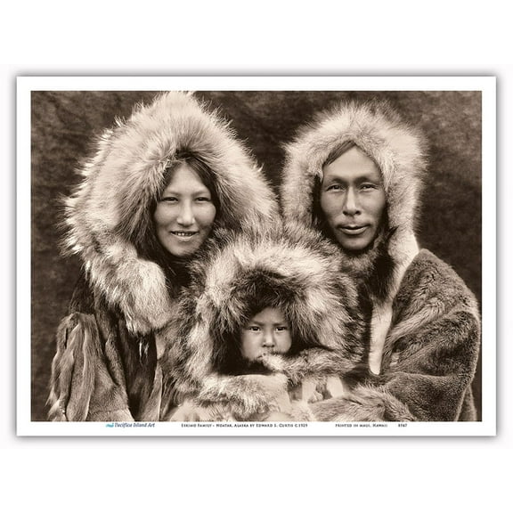 Eskimo Family - Noatak Alaska - The North American Indians - Vintage B&W Historical Photograph by Edward S. Curtis c.1929 - Master Art Print (Unframed) 9in x 12in