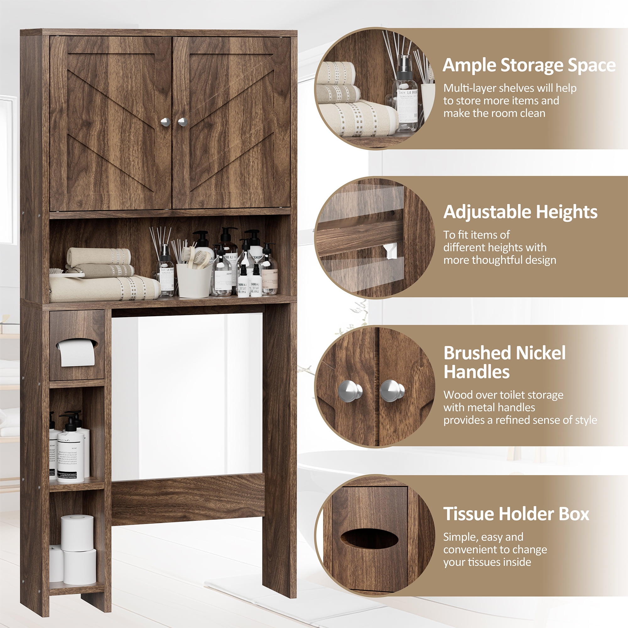 Walsunny Over the Toilet Storage Cabinet with Doors Side Storage Toilet Paper Holder Stand Space Saver Shelf Organizer Rack Freestanding for Restroom Bathroom Laundry Walnut