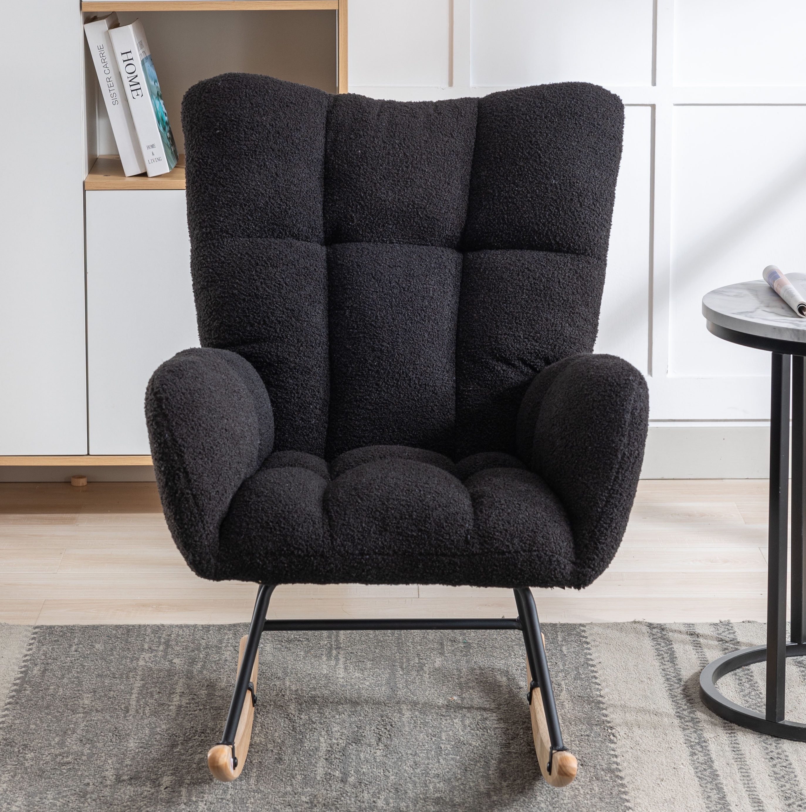 Rocking Chair Nursery,Modern Accent Rocking Chair with High Backrest,Teddy Fabric Upholstered Nursery Glider Rocker for Nursery,Living Room, Bedroom,Black