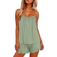 thumbnail image 3 of Women's Solid Satin Bridal Two Piece Pajama Sets, Ruffle Spaghetti Strap Tank Top & Elastic Waist Shorts, Romantic Glossy Fabric Ideal For Wedding Spa Daily | TruHer,Army Green L, 3 of 7