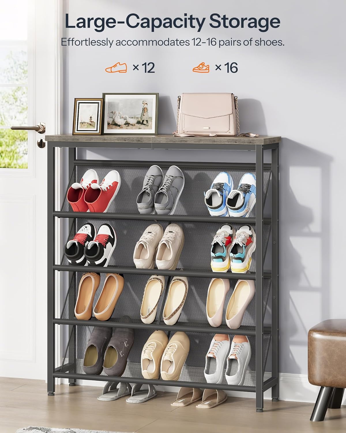Shoe Rack, 5-Tier Slanted Shoe Storage Shelf, Narrow Shoe Rack for Entryway, Shoe Organizer with Adjustable Feet, Slim Shoe Shelf with Wooden Top and Metal Frame, Greige and Black TXJ02BG