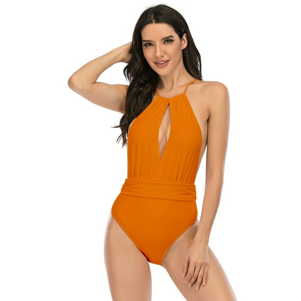 New Women's Sexy Beachwear Solid Color Bikini Jumpsuit Halter Bandage  Swimsuit One Piece Swimwear 