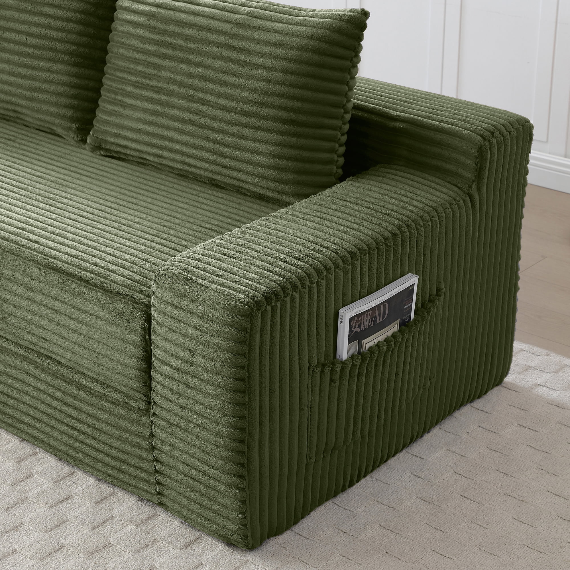 Memory Foam Cloud Loveseat Sofa, 2 in 1 Convertible Folding Couch Bed with Pull-Out Sleeper, No Assembly Compressed Corduroy Floor Lounge Sofa for Apartment, Office, Bedroom, Living Room, Green