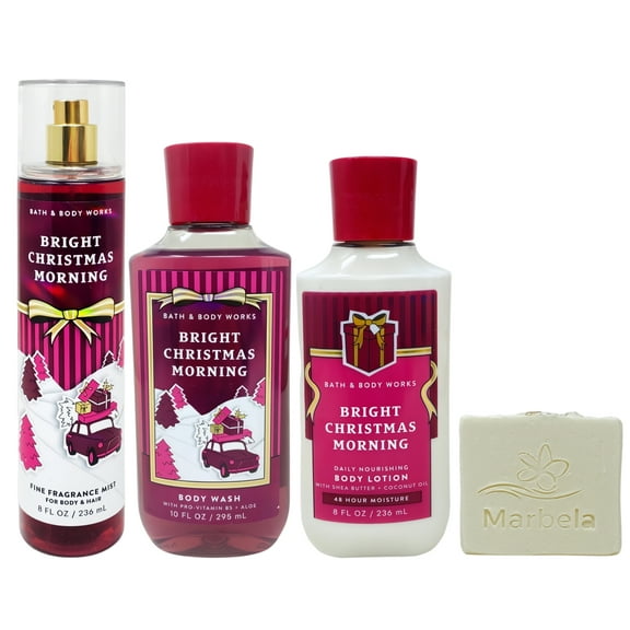 Bath & Body Works Bright Christmas Morning Fine Fragrance Mist, Body Wash and Body Lotion with a Natural Oats Bar Soap