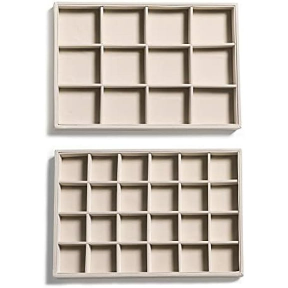 Stackable Velvet Jewelry Organizer Trays for Drawers Inserts Jewelry Storage Tray Display Case, Stud Earrings Bracelets Necklace Rings Accessories Trays for Women Girls(Set of 2 Beige)