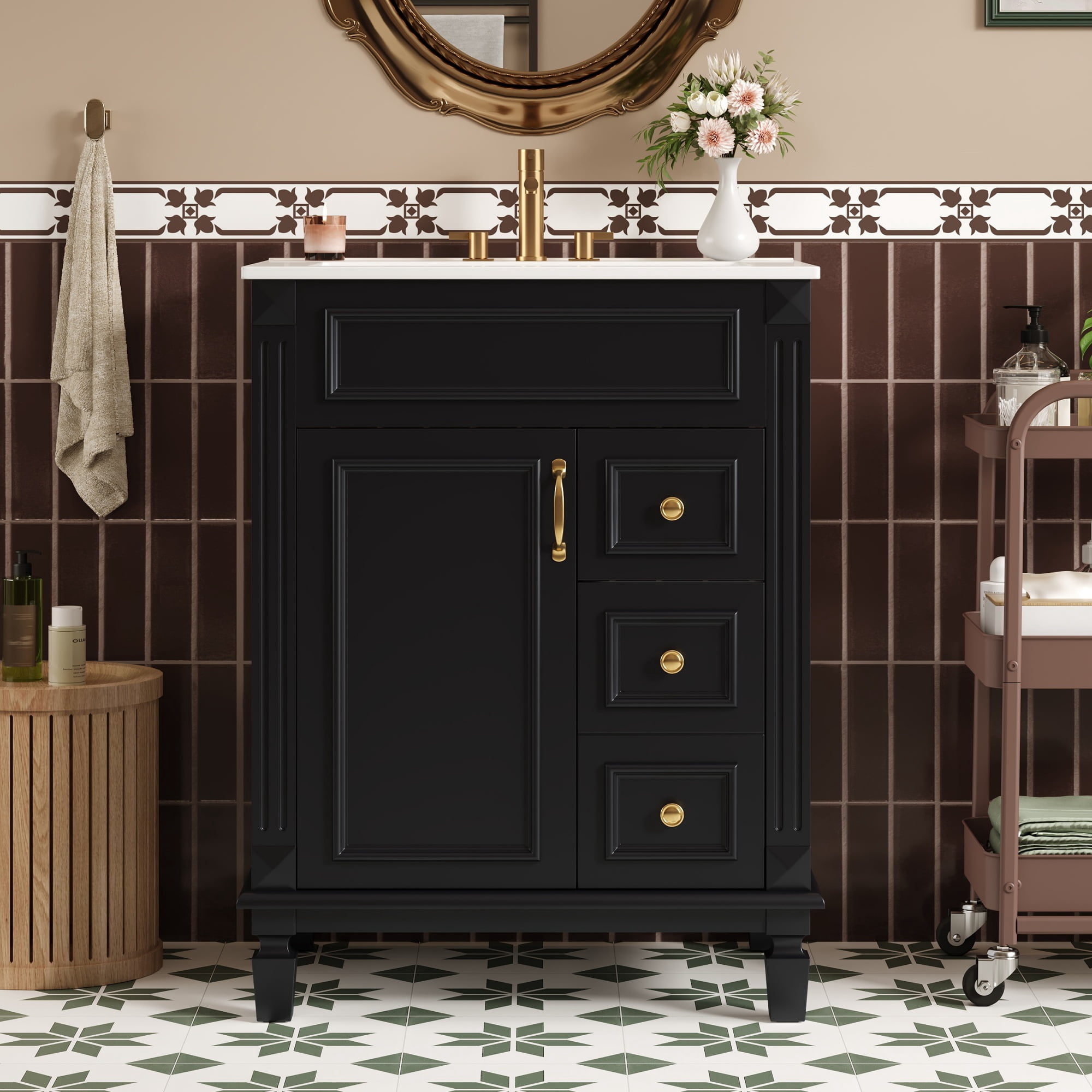 Euroco 24" Bathroom Vanity with Ceramic Sink, Small Bathroom Sink Cabinet, Modern Cabinet with 2 Drawers and Adjustable Shelf