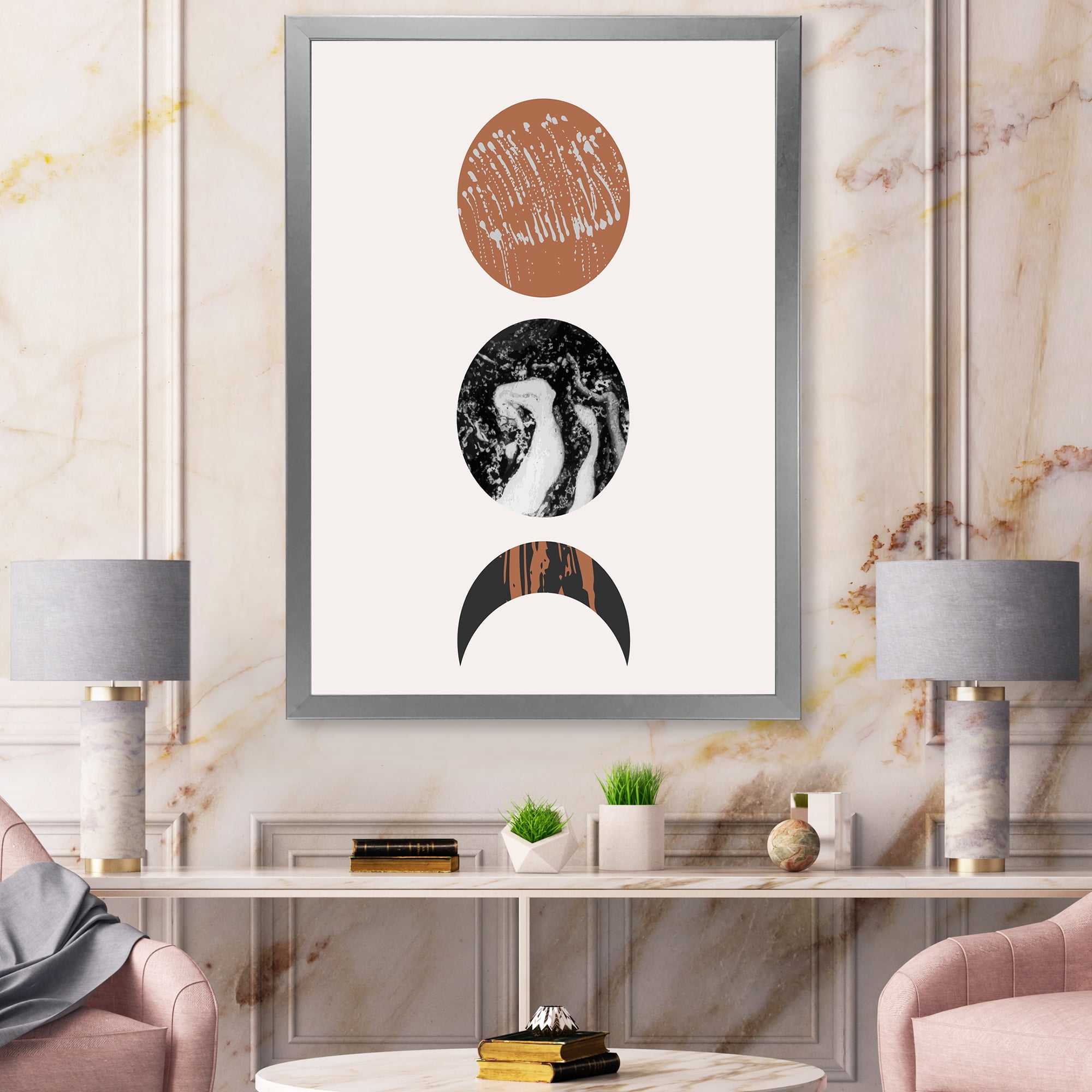 Designart 'Retro Shapes Abstract Moons and Suns' Modern Framed Art Print