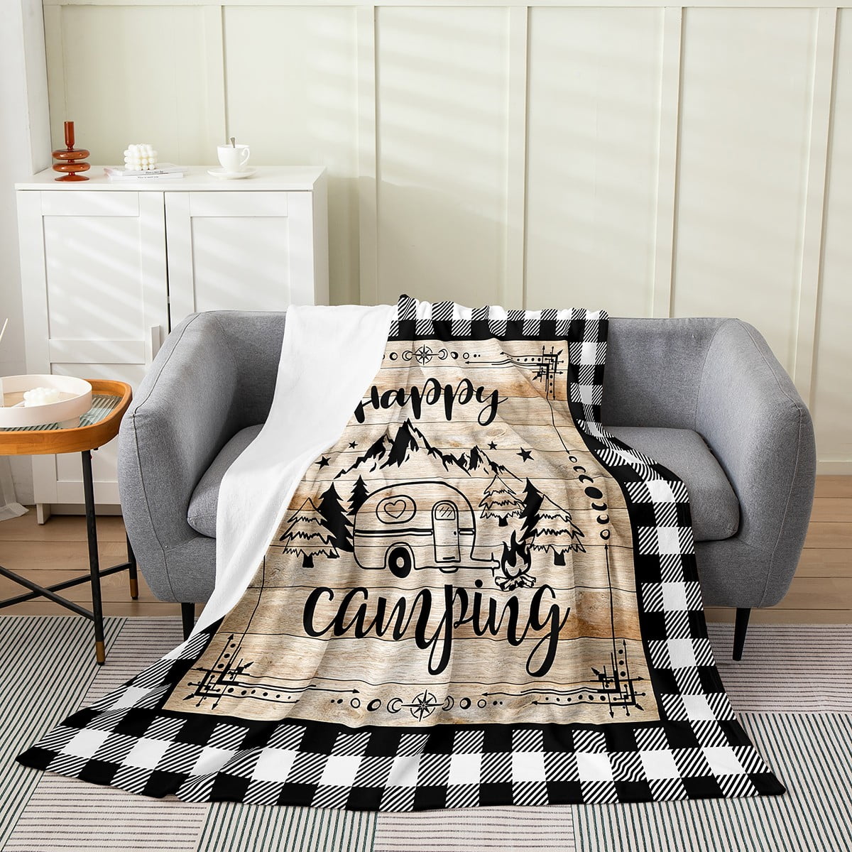 Happy Camping Twin 60x80 Blanket Black White Geometry Plaid Pattern Fleece Blanket For Adult Teens Farmhouse Style Throw Blanket Western Rural Flannel