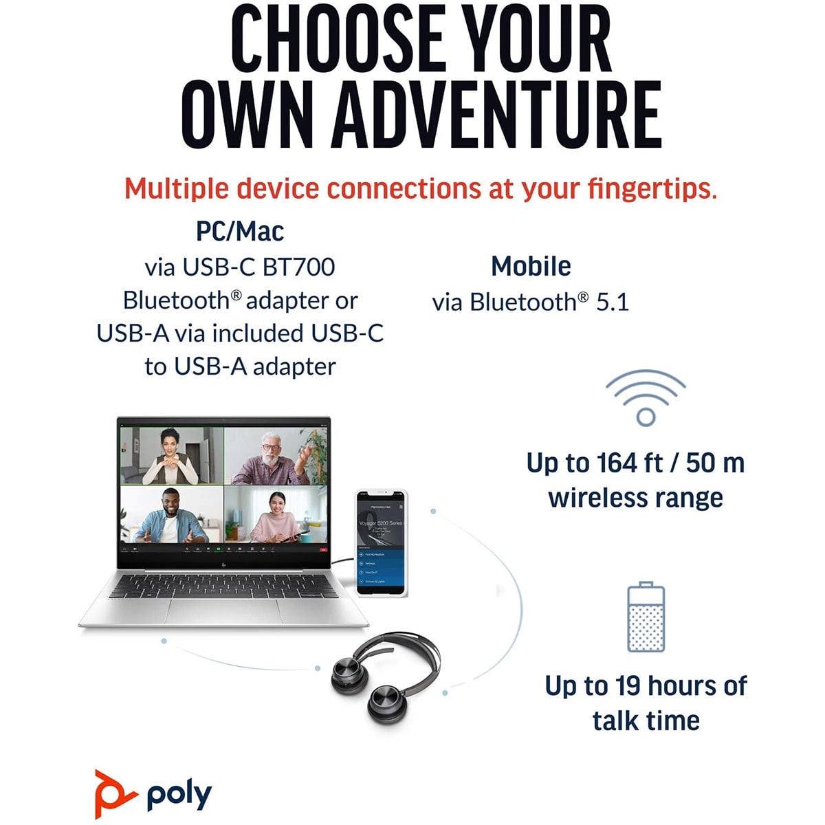 HP Poly Voyager Focus 2 UC Wireless Stereo Headset with Charging Stand & USB-C Adapter, Microsoft Teams Certified