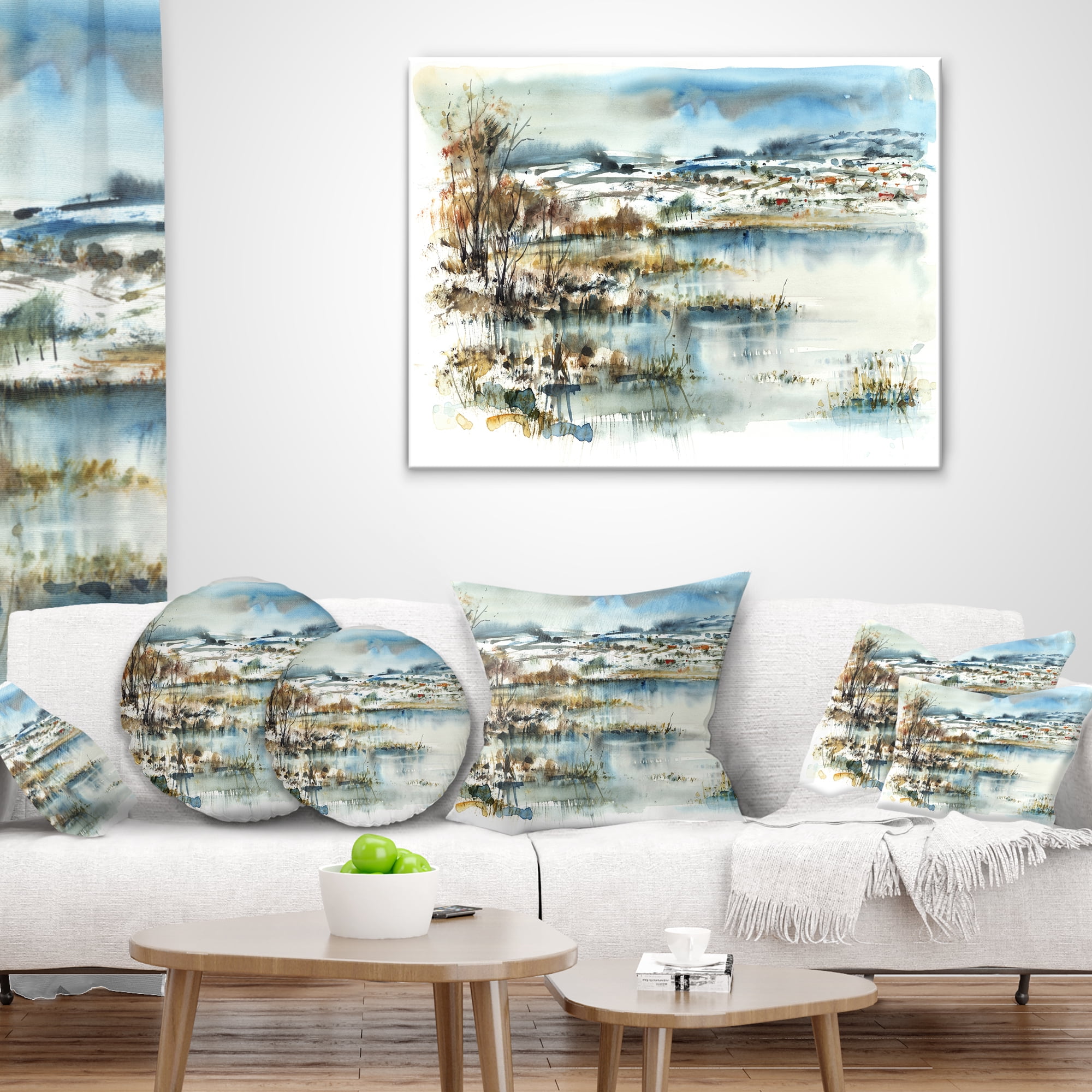 Designart Wide Blue Winter Lake Watercolor - Landscape Painting Throw Pillow - 18x18