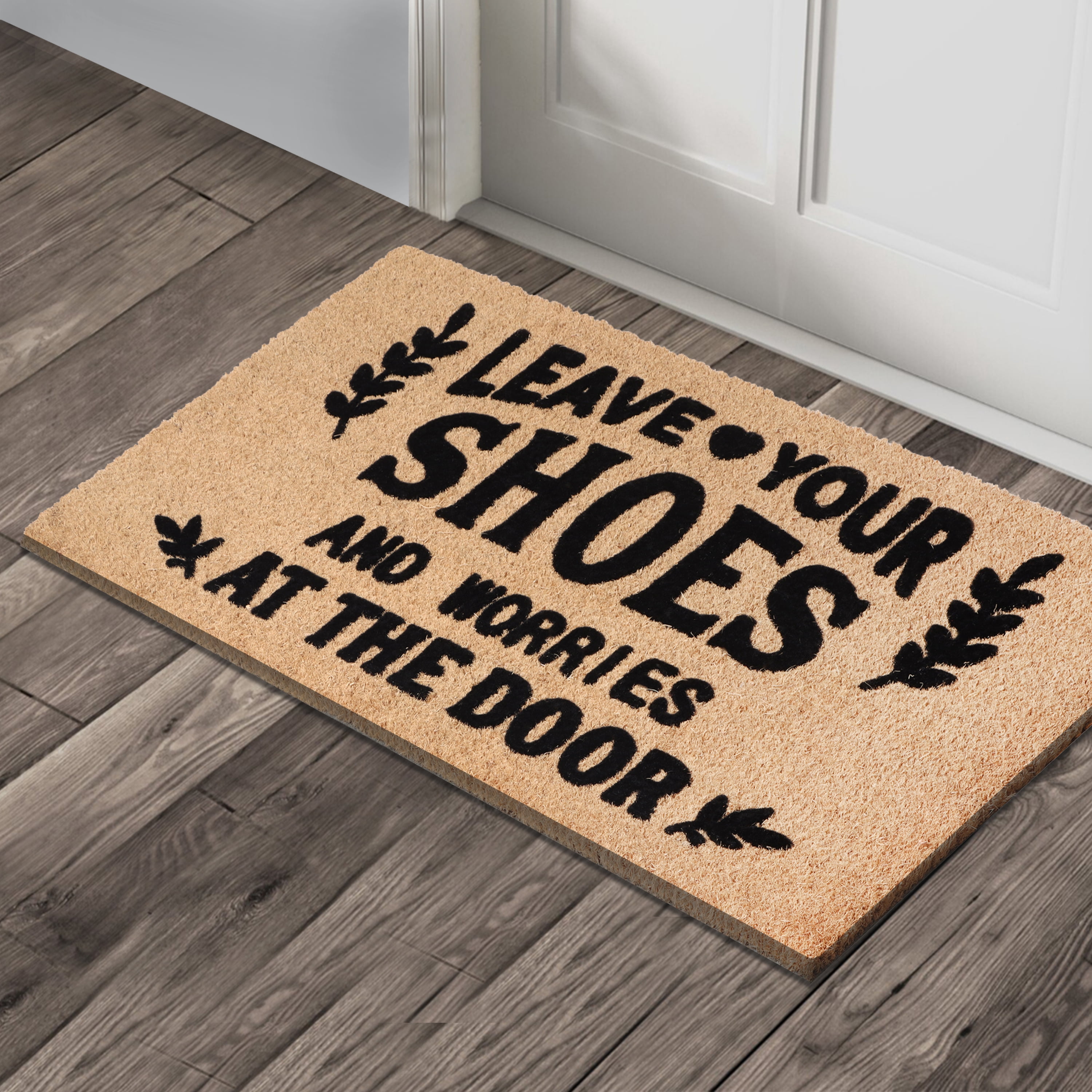 A1HC Natural Coir Flocked Doormat, Leave Your Shoes Black , 24"x36", Durable Outdoor Welcome Mat, Non-Slip, Pet Friendly, Fade Resistant