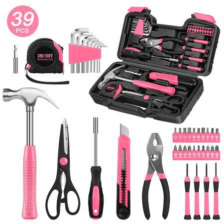 Cshidworld 39-Piece Tool Set General Household Hand Kit with Plastic Toolbox Storage Case, Basic Home Tool Kit for Girls Ladies and Women - Includes Essential Tools for Home Garage and Office, Pink