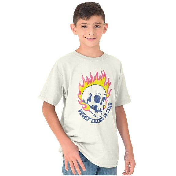 Everything is Fine Flaming Skull Crewneck T Shirts Boy Girl Teen Brisco Brands L