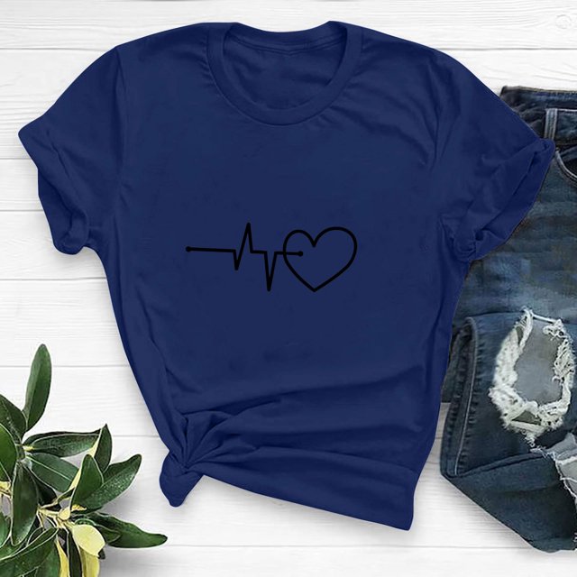 Meichang T-Shirts de la Saint-Valentin pour Femmes Hauts de Vacances Imprimé Cœur T-Shirts Manches Courtes Mignons Col Rond Coupe Ample Décontractée Tops de Printemps