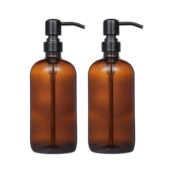Junjian 2 Pack Glass Soap Dispenser, Thick Amber Glass Pint Jar Soap Dispenser with Matte Black Stainless Steel Pump, 16ounce Boston Round Bottles Dispenser