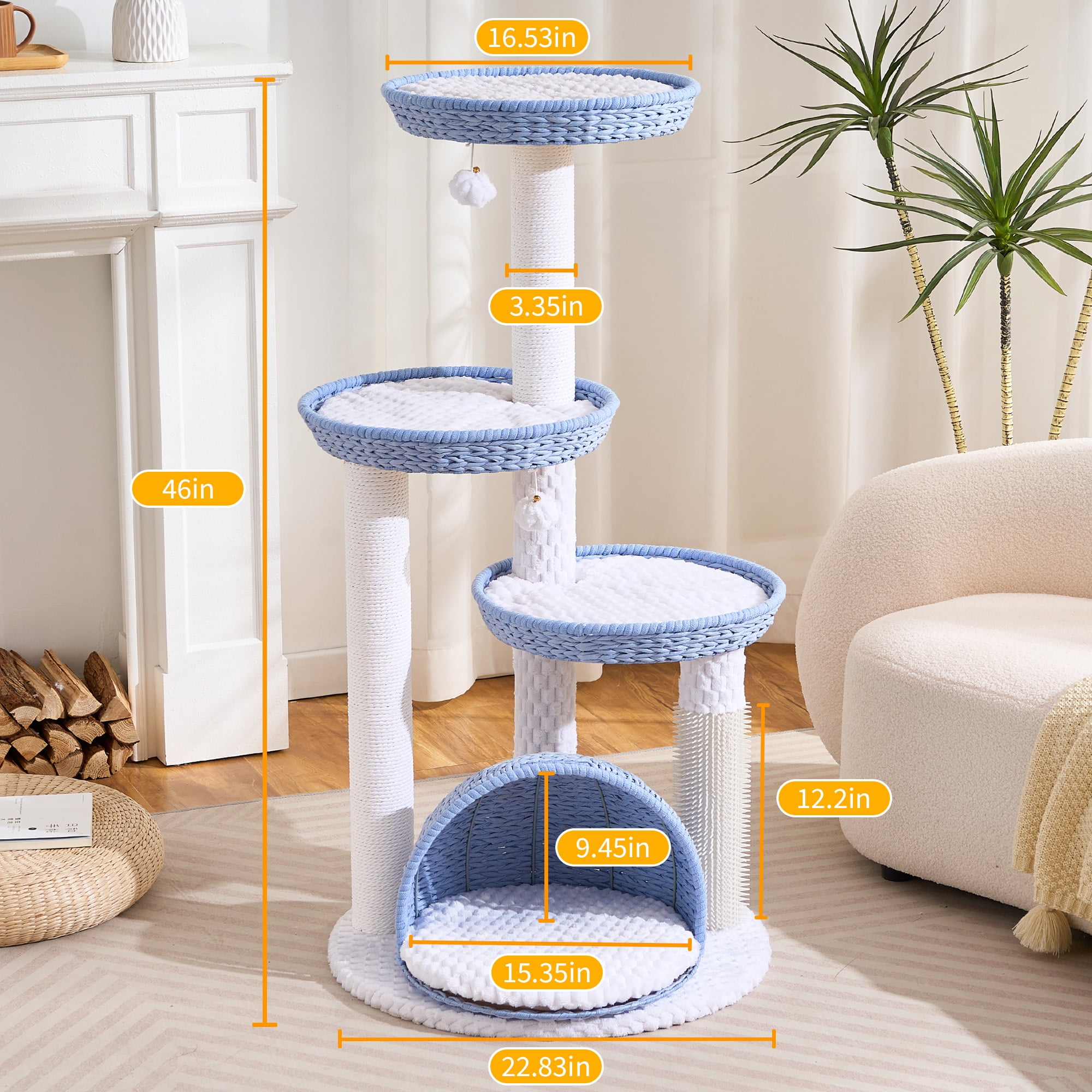 HITTITE Modern Cat Tree Tower with Scratching Post, 46 Inches Tall Cat Towers with Woven Cat Nests and Cave, Removable Cushions and Massage Brush for Indoor Cats Large Adult.