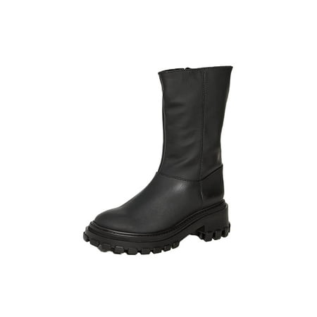 

Schutz Juany Winter Black Rounded Toe Mid Calf Lug Sole Block Heeled Ankle Boots (Black 6.5)