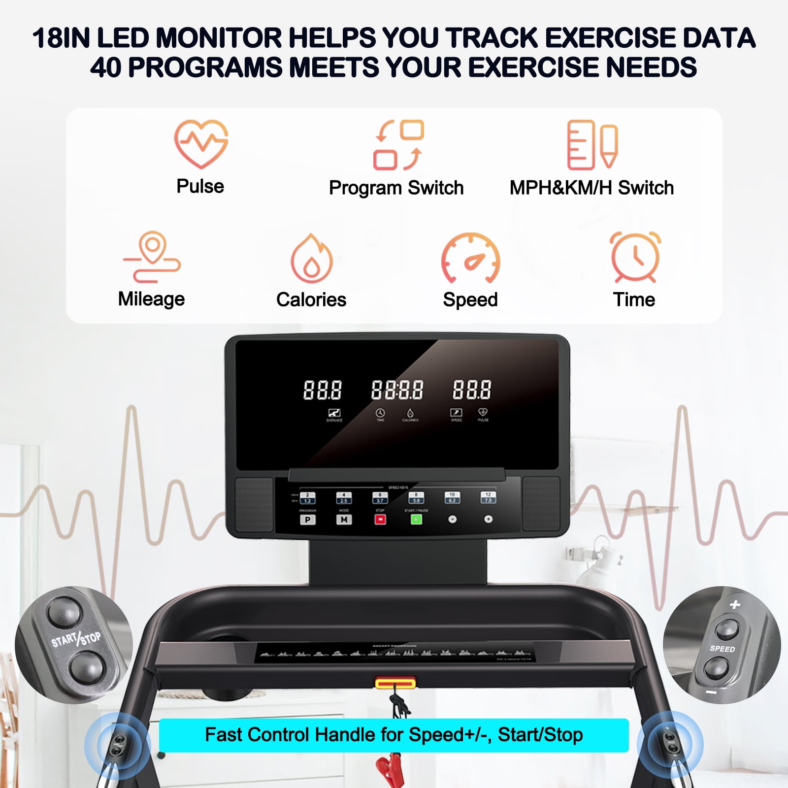 RUNOW 2.5 HP Treadmill with Manual Incline, 8.1MPH Folding Treadmill with Heart Rate Monitor and 40 Programs , Easy Assembly Electric Running Machine for Home & Office