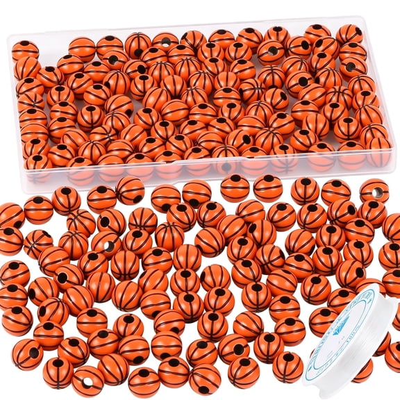 BZCOE 100Pcs Basketball Beads with 5.5 Yard Elastic Rope,Acrylic Sports Beads Diy Spacer Beads for Necklace Bracelet Keychains Handmade Jewelry Making Accessories Craft Supplies,12Mm(Basketball)