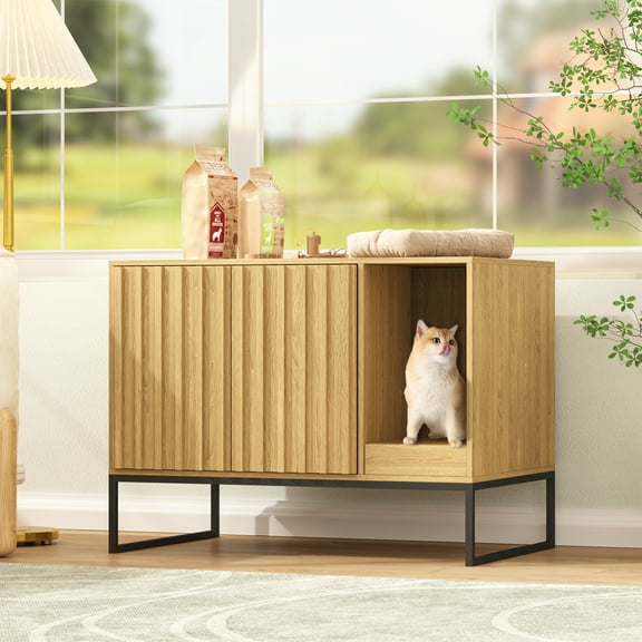VEANERWOOD Cat Litter Box Enclosure Furniture, Wood Hidden Litter Box with Cat Scratch Pad, Beige