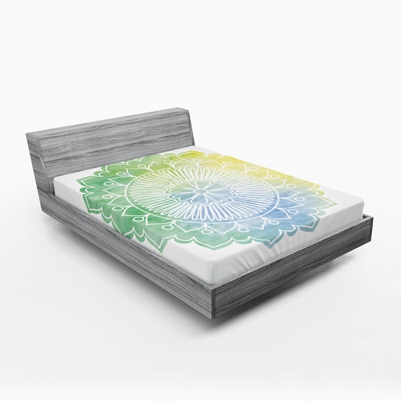 Ambesonne Lotus Fitted Sheet, Doodle Watercolor Flora, Full Size, Jade Green Pale Blue