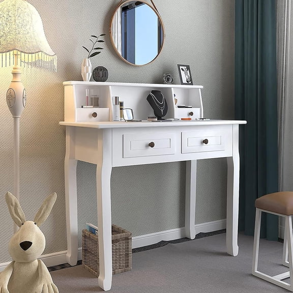 Small White Writing Desk with Hutch – 32" Home Office Desk with Drawers | Compact Computer Desk, Vanity Makeup Table for Bedroom or Study Room