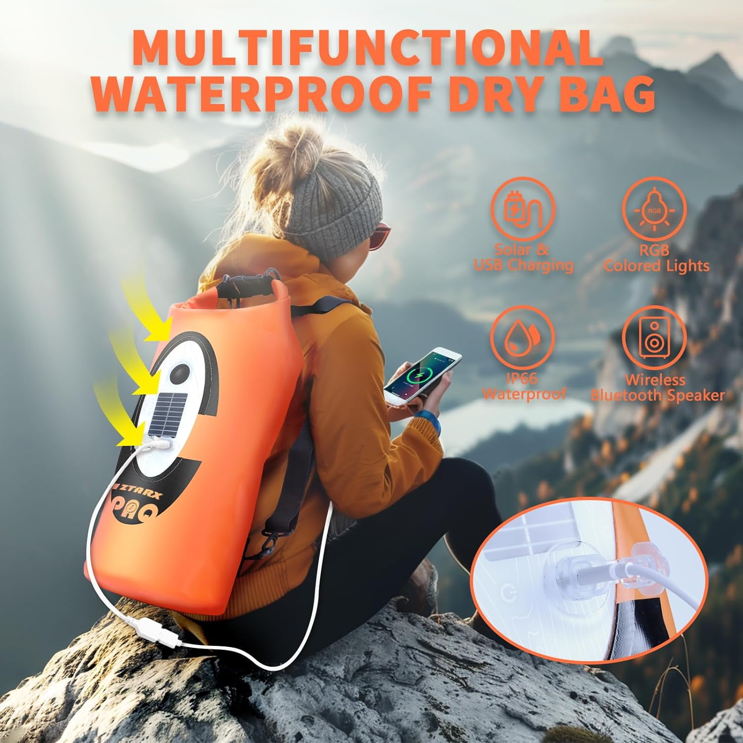 Solar/Battery Powered Multi-Functional Waterproof Backpack, Bluetooth Speaker, IP66 Waterproof Dry Bag, Heavy Duty Roll Top Closure, Large Capacity Bag for Camping, Hiking, Traveling (Orange 10L)