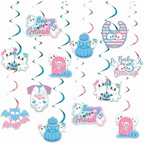 Halloween Gender Reveal Decor 24Pcs Boo-y or Ghoul Hanging Swirls Pink Blue Ghost Pumpkin Ceiling Streamers What Will Baby Boo Be A Baby is Brewing Decor for Spooky Little Boo Baby Shower