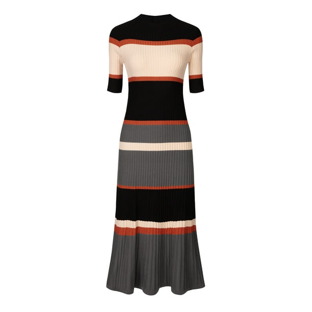 Vestido midi a rayas Hobemty para mujer básico de punto de manga corta corte En A naranja M