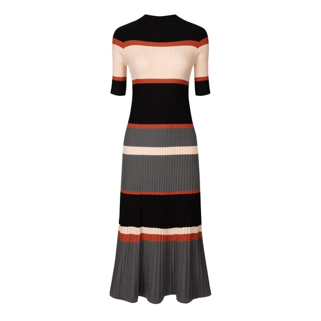 Vestido midi a rayas para mujer Vestido básico de punto de manga corta con corte en A naranja L