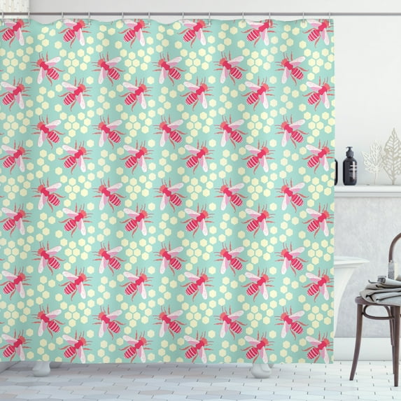 Bee Shower Curtain, Colorful Abstract Bee Figures and Hexagon Shapes on Blue Background Theme, Fabric Bathroom Set with Hooks, 69W X 75L Inches Long, Almond Green Pink Cream, by Ambesonne