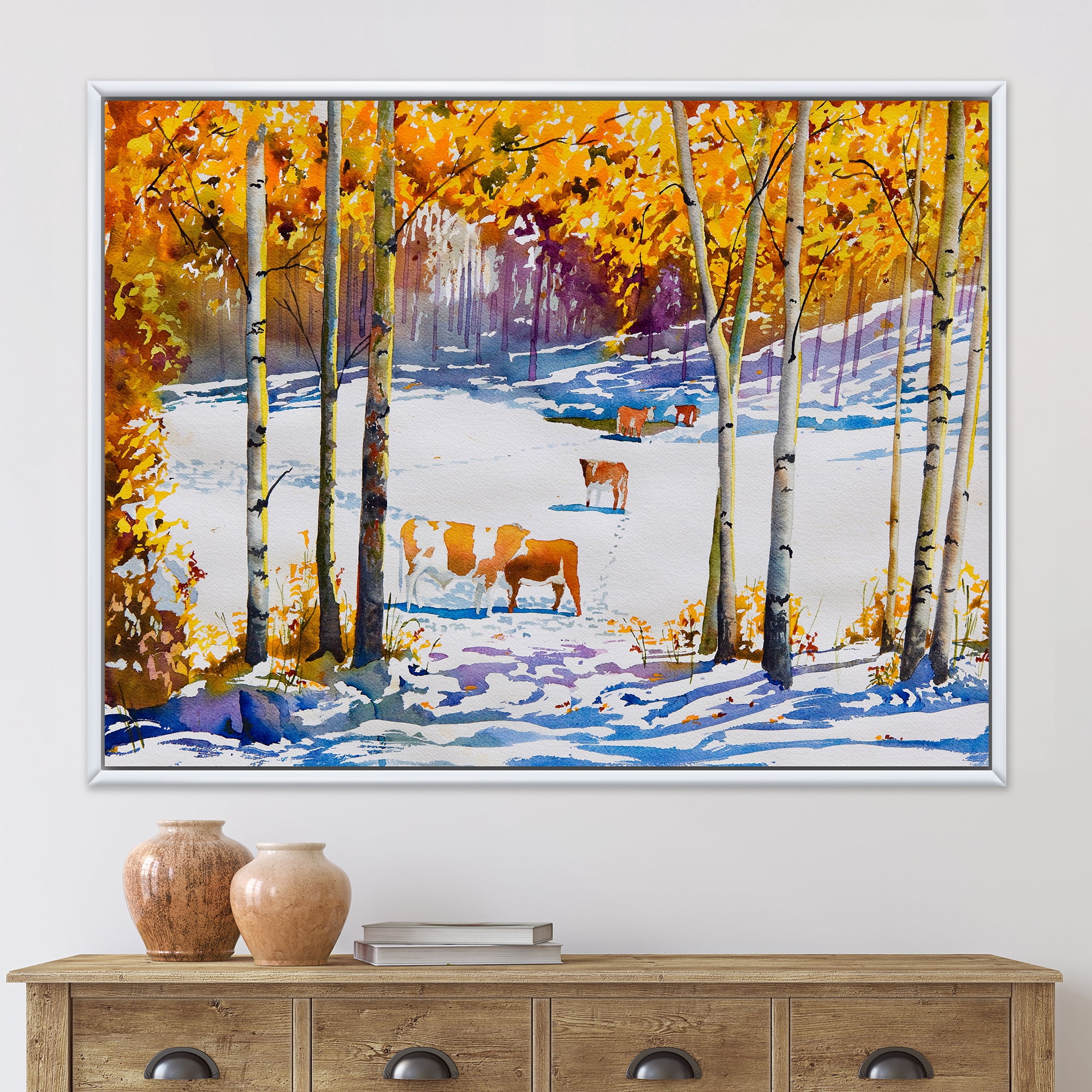 Designart 'Cattles In The Early Snow In The Tree Forest' Farmhouse Framed Canvas Wall Art Print