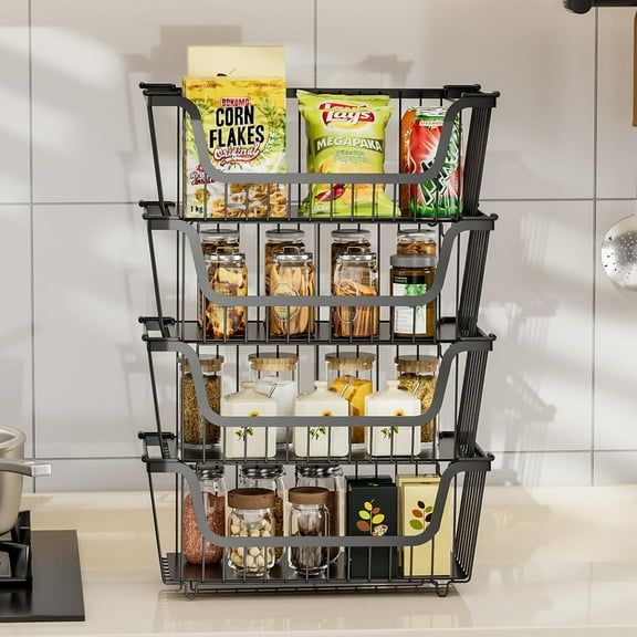 4 Pcs Stackable Wire Baskets for Pantry, Kitchen Storage, Vegetable Fruit Basket, Black