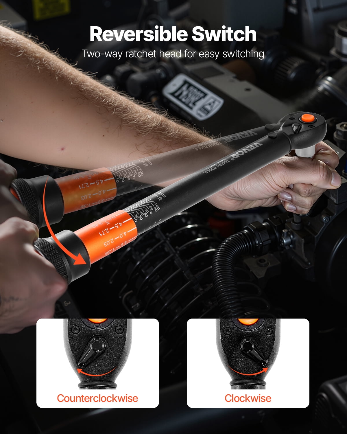 VEVOR Click Torque Wrench, 3/8 Inch Drive, 10-100 lbf-ft / 13.6-135.6 N.m, Dual-direction Torque Wrench with Dual Range Scales,72-tooth,±3% High Precision,with Carrying Case,for Automobile Repair