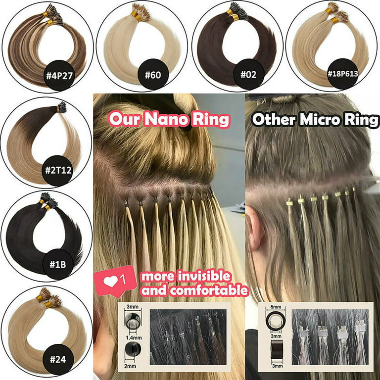My-lady Nano Ring Beads Human Hair Extensions Micro Loop Tip Russian Hair Highlight Hairpiece 16 inch-24 inch, Size: 16=50g, Brown