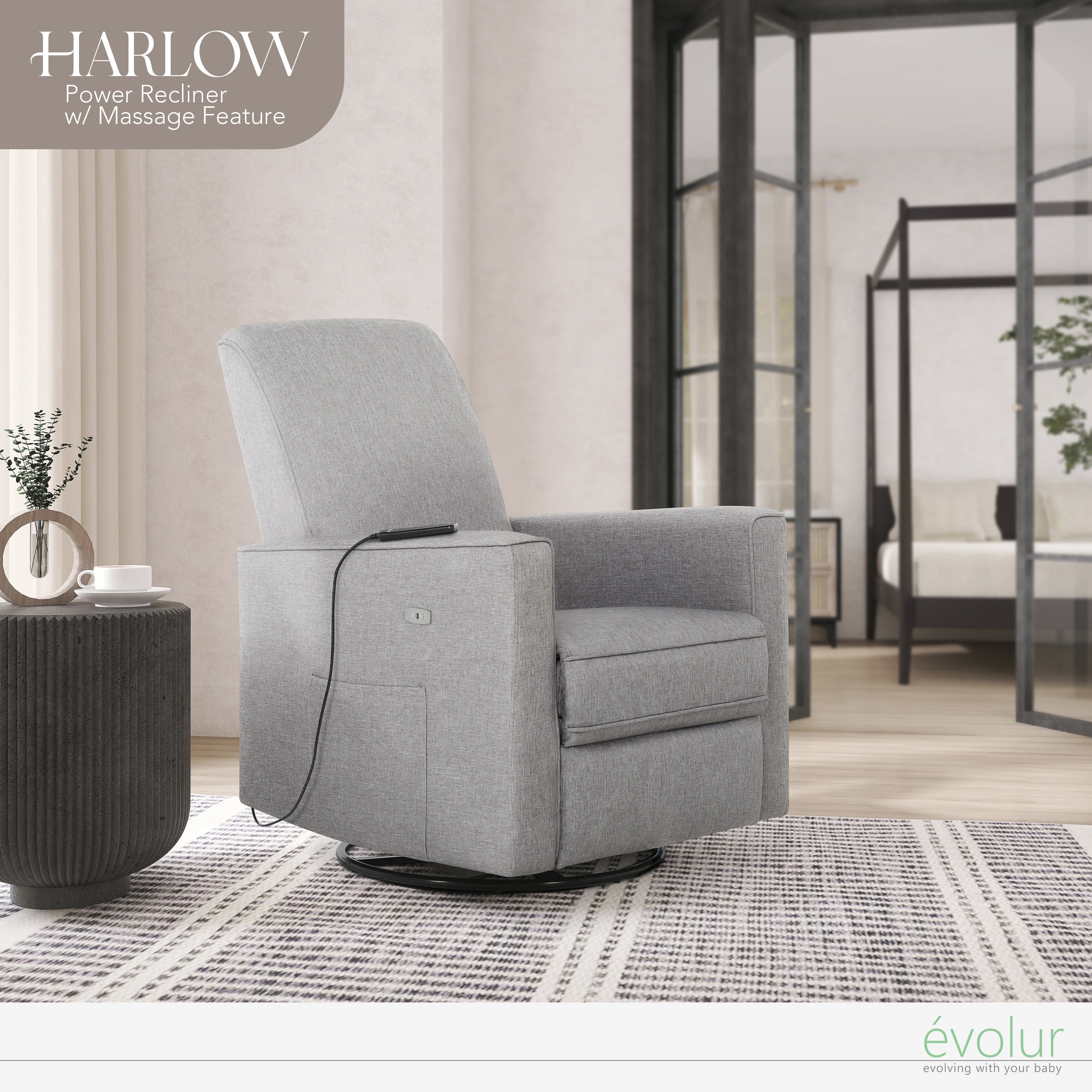 Evolur Harlow Deluxe Upholstered Plush Seating Glider Swivel, Rocker, Power Recliner USB Port with in-Built Massager, Greenguard Gold Certified, Glider Chair for Nursery in Light Grey