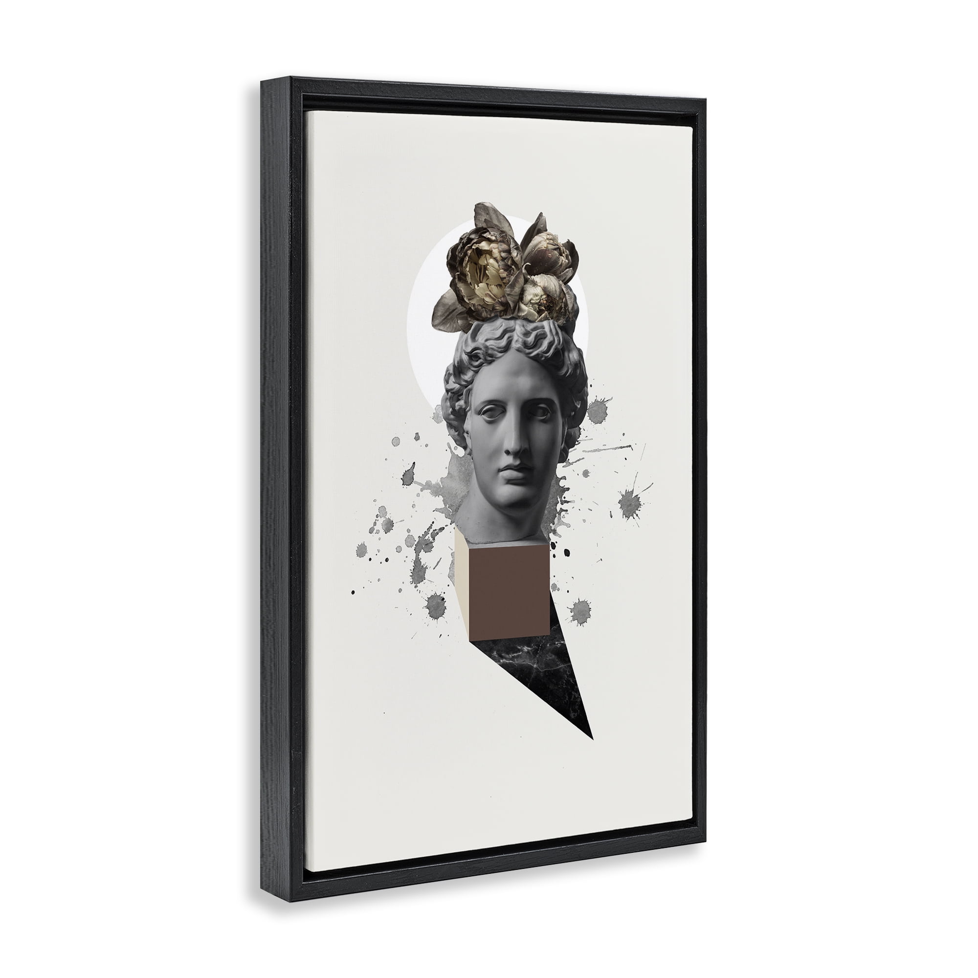 Stupell Industries Modern Statue with Peonies Botanical & Floral Painting Black Floater Framed Canvas Art Print Wall Art, 17 x 25