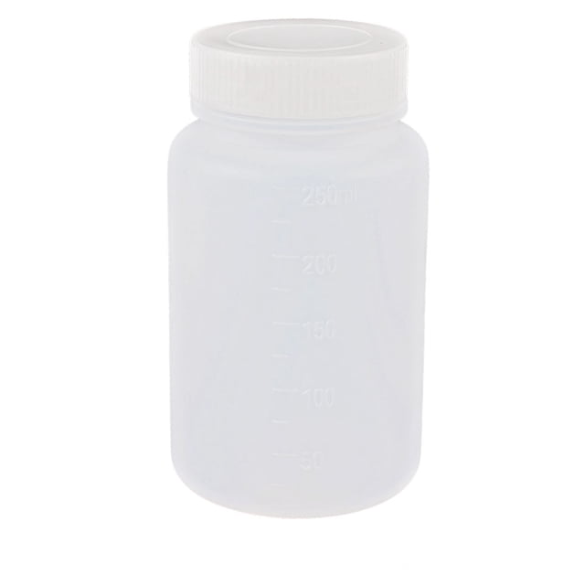 Botella de plástico de boca ancha para almacenamiento de laboratorio de 250 mL color blanco