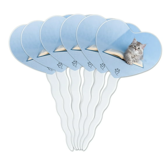 Siberian Tabby Kitten Cat Sitting Reading Book Heart Love Cupcake Picks Toppers Decoration Set of 6