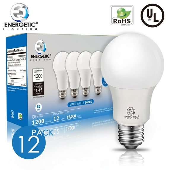 ENERGETIC A19 LED Light Bulb, 12 Watts(75W Equivalent), 3000K Warm White, 1200lm, UL Listed, E26 Base, 12-Pack