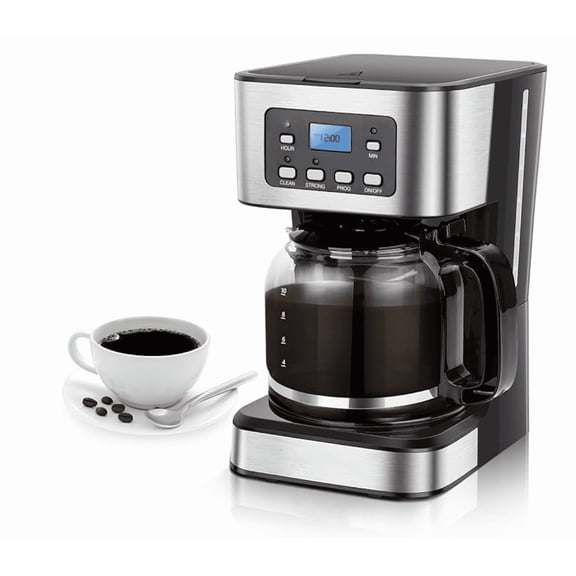 12-Cup Programmable Coffee Maker, Regular & Strong Brew Drip Coffee Machine for Home and Office, Glass Carafe, Pause & Serve, Auto Shut Off, Black & Stainless Steel