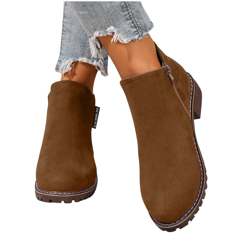 HAOTAGS Women's Suede Leather Low Heel Ankle Boots, Dressy Brown