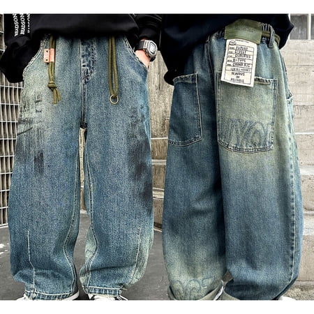 Baby Boy Pants Loose Fit Solid Print Pocketed Denim Straight Leg Long Pants with Elastic Waist for Everyday Wear Blue 14 Years-16 Years