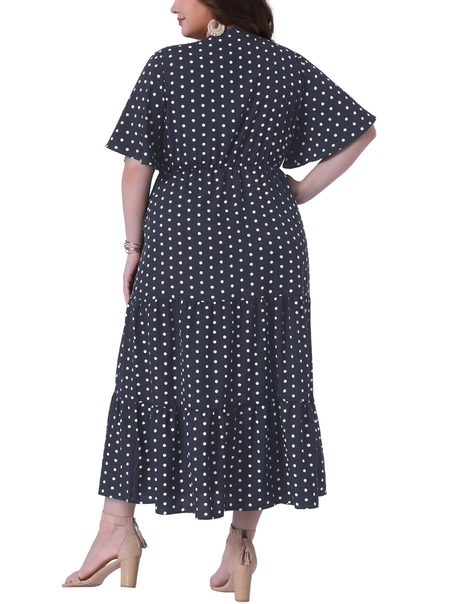 DARING DIVA Women's Plus Size V Neck Wrap Polka Dot A-Line Dress 1X Dark Blue
