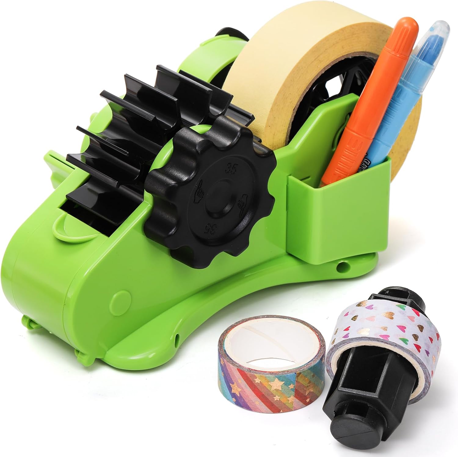 Multi-Roll Heat Tape Dispenser, 1" and 3" Double Reel Cores Sublimation Tape Dispenser for Pre-Cut Heat Transfer Tape, Semi-Automatic Desk Packaging Tape Dispenser with Compartment Slot