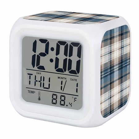 Blue Brown Plaid Digital Alarm Clock for Bedrooms, Smart LED Alarm Clock with 7 Color Changing